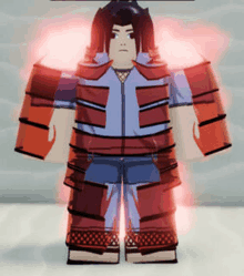 a cartoon character in a blue shirt and red armor is standing in front of a white wall .