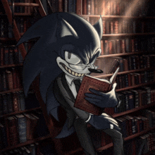 a cartoon drawing of sonic the hedgehog reading a book in a library