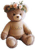 a teddy bear with the name monica on its sweater