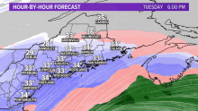 a map showing the hour-by-hour forecast for tuesday at 6:00 pm