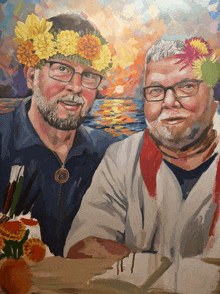 a painting of two men with flowers on their head