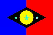 a blue and red flag with a yellow circle and two blue stars