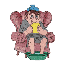 a cartoon of a sick man sitting in a chair holding a cup of coffee