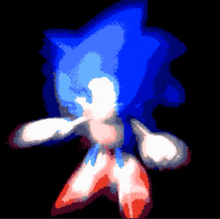 a pixel art drawing of sonic the hedgehog in a red white and blue outfit