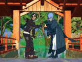 two anime characters are standing under a wooden structure