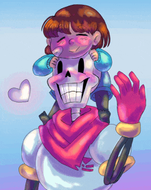 a drawing of papyrus and frisk with a heart in the background