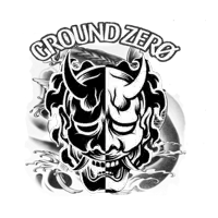 a black and white drawing of a demon face with the words ground zero below it