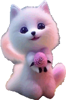 a white cat with a pink tail is holding a pink rose