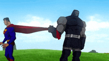 a cartoon of superman and doomsday standing in a field