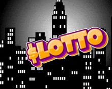 a city skyline with a lotto logo in front of it