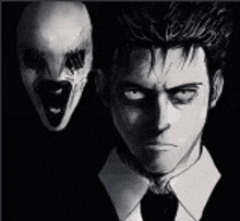 a black and white drawing of a man in a suit and tie with a clown mask behind him .