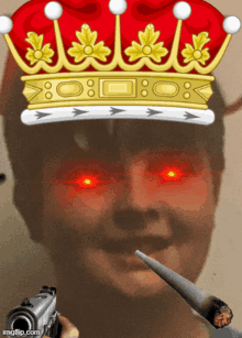 a man with a crown on his head is smoking a cigarette and holding a gun