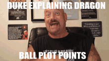 a bald man with a mustache is sitting in front of a wall that says " duke explaining dragon ball plot points "