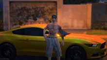 a man with a tattoo on his chest is standing in front of a car