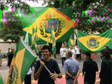 a man holding a flag with a crest on it stands in front of a large green and yellow flag