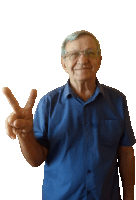 a man wearing glasses and a blue shirt giving a peace sign