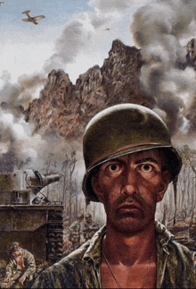 a painting of a soldier in a helmet with a mountain in the background