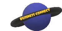 a blue globe with a black ring around it that says business connect