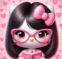 a hello kitty wearing pink glasses and a pink bow is reading a book