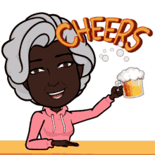 a cartoon of a woman holding a mug of beer with the words cheers above her