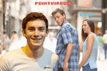 a man in a shirt that says pointvirgule looks at a woman in a blue shirt