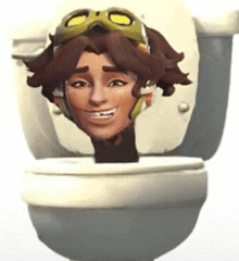 a cartoon character 's head is sitting on a toilet .