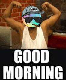 a man wearing sunglasses and a hat is flexing his muscles in front of a sign that says " good morning "