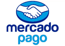 the logo for mercado pago has two hands shaking each other in a blue circle .