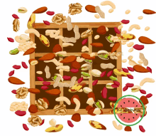 a wooden tray filled with nuts and a watermelon slice in the corner