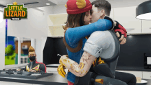 a couple kissing in a kitchen with a little lizard fortnite logo