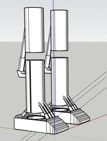 a 3d model of a robot with a blue line between two cylinders