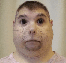 a man with a cat face on his face looks at the camera