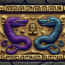 a purple and a blue snake with a greek key pattern