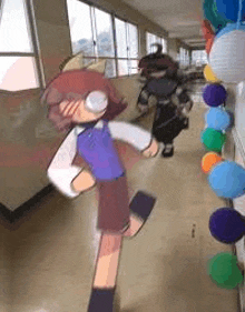 a couple of cartoon characters are walking down a hallway filled with balloons .