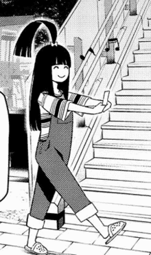 a black and white drawing of a girl in overalls walking up a set of stairs .