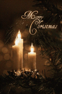 a merry christmas card with three lit candles in the background