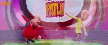 a couple of cartoon characters dancing in front of a sign that says patlu