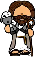 a cartoon drawing of jesus holding a sheep and a cane by d. scott