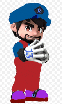 a cartoon character is wearing a blue hat with the number 13 on it .