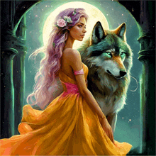 a woman in a yellow dress stands next to a wolf in front of a full moon