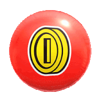 a red ball with a yellow and black coin in the center