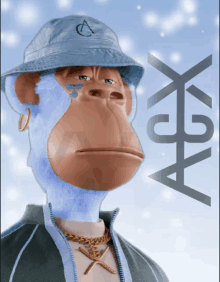 a monkey wearing a hat and a jacket with the letters agx behind him