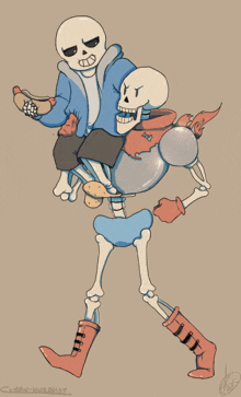 a drawing of a skeleton carrying another skeleton with a hot dog on his back