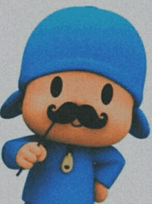 a cartoon character with a mustache is wearing a blue hat and holding a stick .