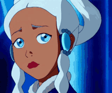 a close up of a cartoon character with white hair and blue earrings