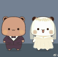 a couple of bears standing next to each other one wearing a tuxedo and the other wearing a wedding dress