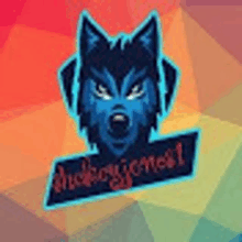 a blue husky wearing headphones on a colorful background