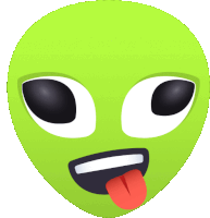 a green alien face with black eyes sticking out its tongue