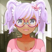 a girl with pigtails and glasses is smiling in a hallway