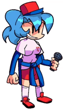 a girl with blue hair is holding a microphone